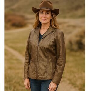 Coldwater Creek Brown Gold Shimmer Suede Leather Zip Up Western Jacket Size Med